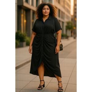 Haute Fox 3X Black Button Front Midi Dress Ruched Draped Hem Collared Plus Size